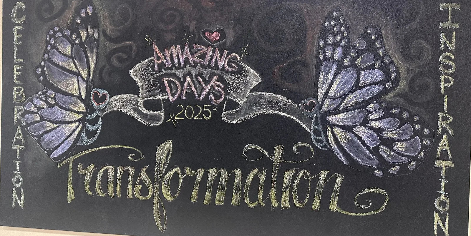 A Curves chalk board with two butterflies and the words Amazing Days and Transformation