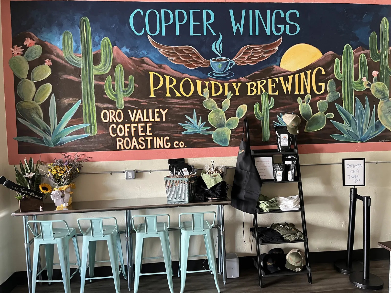 The Copper Wings chalk board of cactus and a winged coffee cup