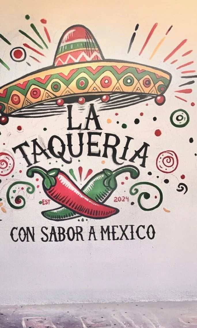 La Taqueria mural with a sombrero and two chili peppers