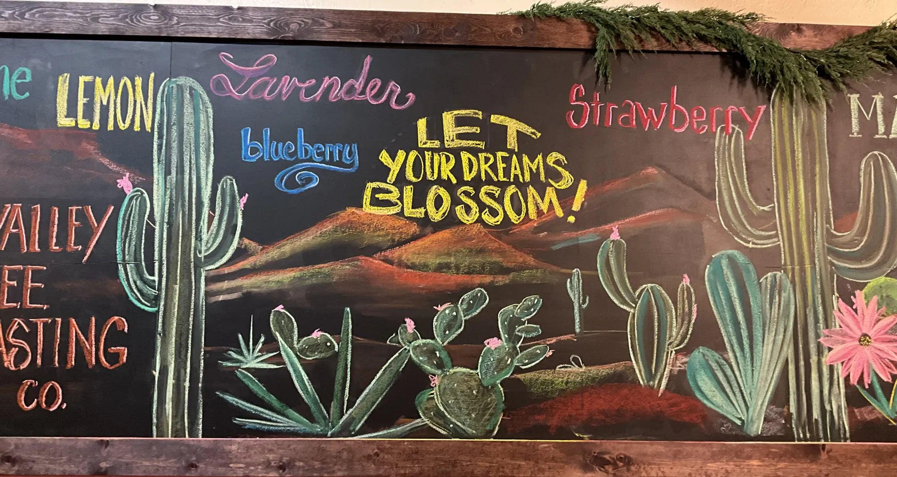 The same board in spring, with fruit words and Let your dreams blossom